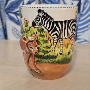 Hand Painted Safari Mug 3D Lion & Zebra – Signed Najwa Int’l Art – Artisan Ceram